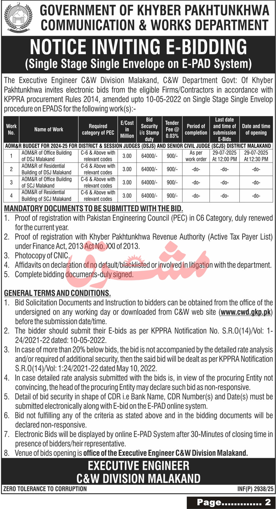 Communication & Works Departmet Malakand Tender Notice